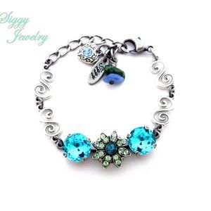 Aqua and Green Flower Statement Bracelet, Swarovski and Czech Crystals, Silver
